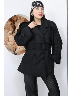 Famoda Kadın Siyah Yüksek Bel Kemerli Süet Görünümlü Kısa Trençkot Ceket