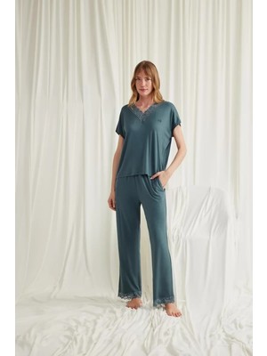 Liyuza Kısa Kollu V Yakalı Dantelli Pijama Takımı