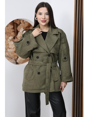 Famoda Kadın Haki Yüksek Bel Kemerli Süet Görünümlü Kısa Trençkot Ceket