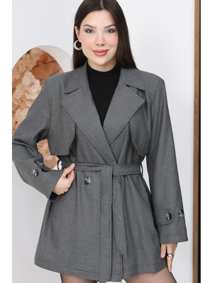 Famoda Antrasit Kruvaze Yaka Kemerli Kısa Trençkot Ceket