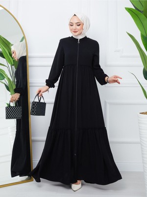 Modamorfo Parçalı Kolu Lastikli Boydan Fermuarlı Ferace -Siyah