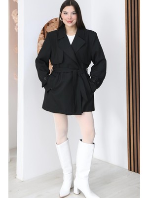 Famoda Siyah Kruvaze Yaka Kemerli Kısa Trençkot Ceket