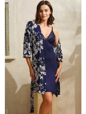 Liyuza Viskon Çiçek Baskılı Sabahlık ve Dantelli Kısa Gecelik Takım