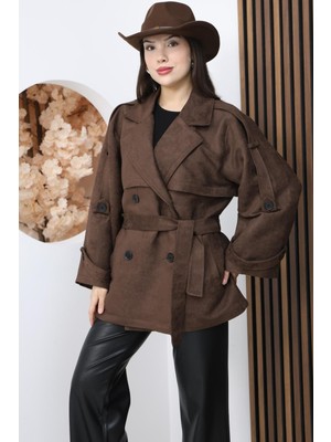 Famoda Kadın Acı Kahve Yüksek Bel Kemerli Süet Görünümlü Kısa Trençkot Ceket
