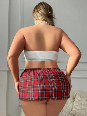 Liyuza Özel Tasarım Büyük Beden Ekoseli Kravatlı Fantezi Liseli Kostümü