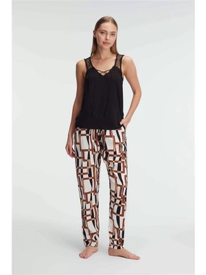Liyuza Sıfır Kol V Yaka Viskon Geometrik Yazlık Uzun Ip Detaylı Pijama Takımı