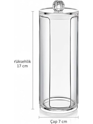 Şeffaf Kapaklı Akrilik Tekli Pamukluk Organizer – 17 cm Silindirik Makyaj Pamuğu Saklama Kutusu, Hijyenik ve Şık Düzenleyici