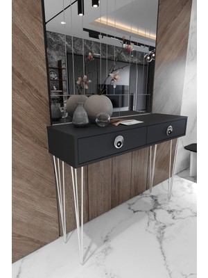 Feyza Design Şık 2 Çekmeceli Gri Dekoratif Dresuar - Antrasit Krom Detaylar