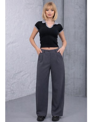 Freemen Kadın Yüksek Bel Cepli Pileli Fermuarlı Bol Paça Pantolon