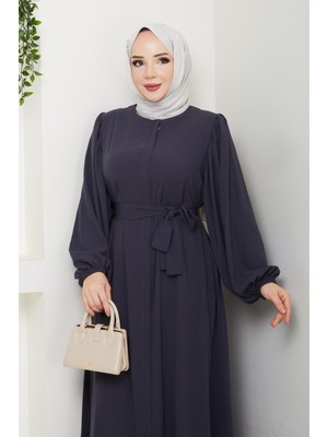 Modamorfo Kolu Lastikli Beli Bağlamalı Fermuarlı Ferace -Antrasit