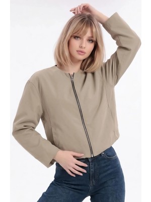 Freemen Kadın Bej Balon Kol Oversize Fermuarlı Bomber Ceket