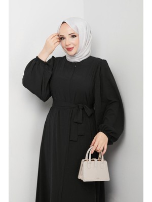 Modamorfo Kolu Lastikli Beli Bağlamalı Fermuarlı Ferace -Siyah