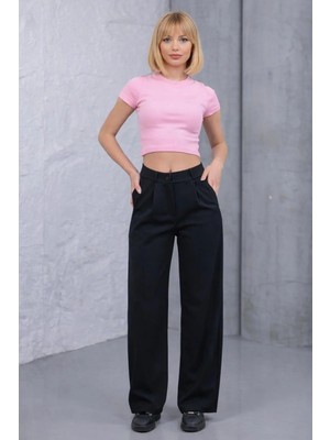Freemen Kadın Yüksek Bel Cepli Pileli Fermuarlı Bol Paça Pantolon