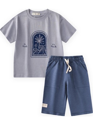 Cigit Soyut Palmiye Baskılı Kapri Takım 2-8 Yaş Pastel Mavi