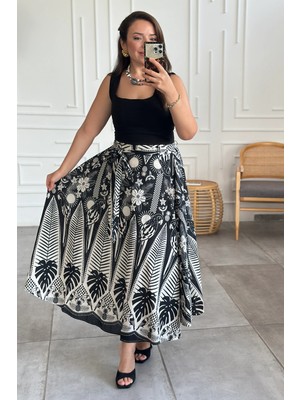 Papağan Figürlü Beli Bağlama Detaylı Midi Etek