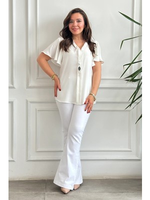 Kendinden Kolyeli V Yaka Kolları Volanlı Bluz