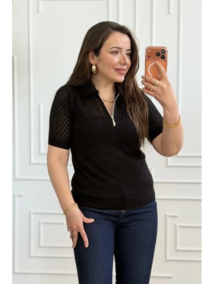 Yakası Fermuar Detaylı Merserize Triko