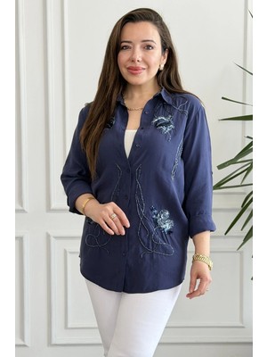 Çiçek Pul Boncuk Işlemeli Gömlek