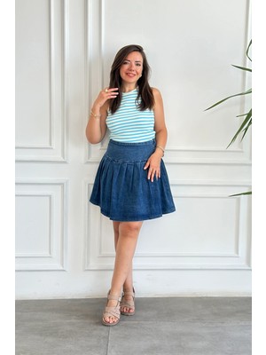 Yandan Fermuarlı Pileli Kot Etek