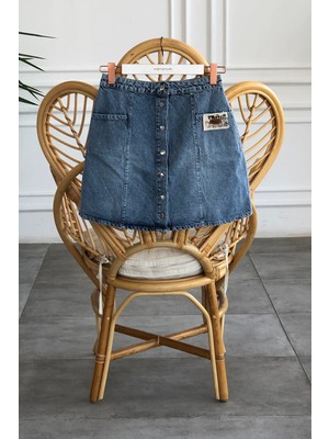 Önden Çıtçıt Düğme Detaylı Kısa Kot Etek