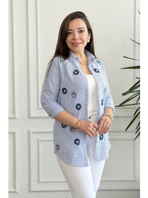 Pul ve Inci Işlemeli Çizgili Gömlek