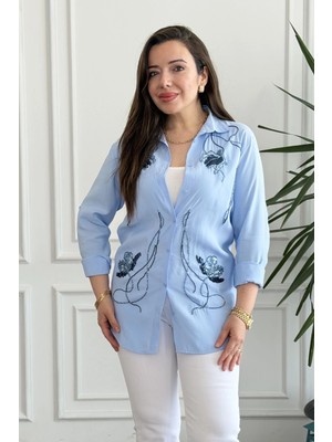 Çiçek Pul Boncuk Işlemeli Gömlek