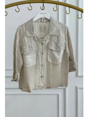 Pul Detaylı Saçaklı Çift Cepli Keten Gömlek