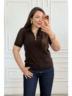 Yakası Fermuar Detaylı Merserize Triko