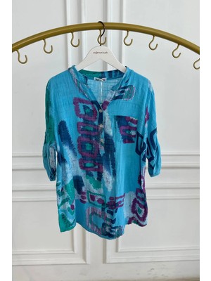 Pastel Şekiller Desen Üç Düğmeli Gömlek