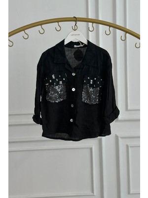 Pul Detaylı Saçaklı Çift Cepli Keten Gömlek