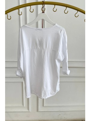 File Detaylı Kolyeli Keten Bluz