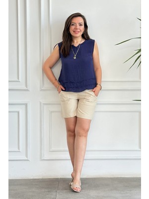 Kalın Askılı Etek Ucu Dikiş Detaylı %100 Pamuk Bluz