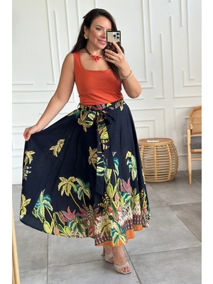 Palmiye Desenli Beli Bağlama Detaylı Midi Etek