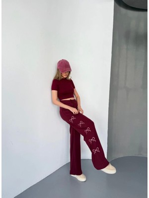 Modaurul Osy Modal Yumuşak Dokulu Kumaş Nakış Işlemeli Rahat Bol Paça Eşofman Pantalon - Bordo