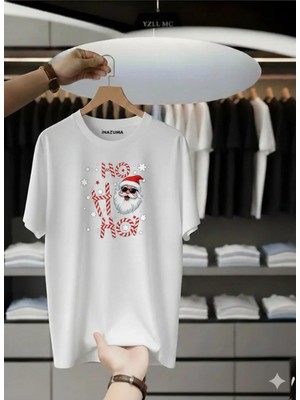 Unisex Oversize Baskılı Pamuklu Bisiklet Yaka Kısa Kollu Beyaz T-Shirt Ho Ho Ho!