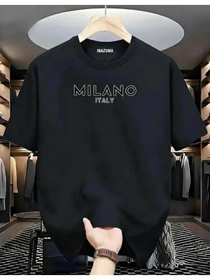 Unisex Oversize Baskılı Pamuklu Bisiklet Yaka Kısa Kollu Siyah T-Shirt Çizgili Milano