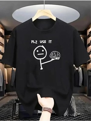 Unisex Oversize Baskılı Pamuklu Bisiklet Yaka Kısa Kollu Siyah T-Shirt Pls Use It