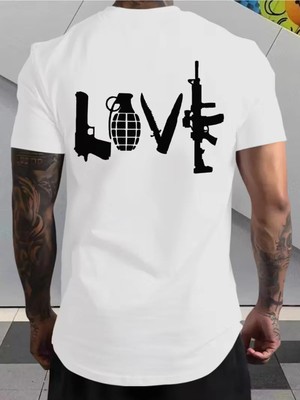 Unisex Oversize Baskılı Pamuklu Bisiklet Yaka Kısa Kollu Beyaz T-Shirt Silahın Aşkı