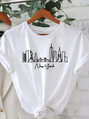 Unisex Oversize Baskılı Pamuklu Bisiklet Yaka Kısa Kollu Beyaz T-Shirt New York