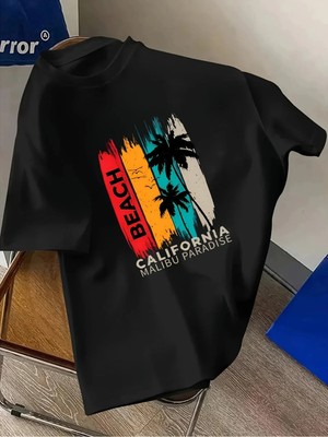 Unisex Oversize Baskılı Pamuklu Bisiklet Yaka Kısa Kollu Siyah T-Shirt California Malibu Paradise