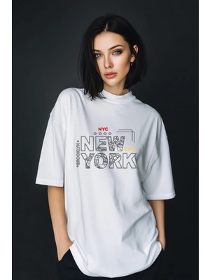 Unisex Oversize Baskılı Pamuklu Bisiklet Yaka Kısa Kollu Beyaz T-Shirt New York City