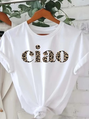 Unisex Oversize Baskılı Pamuklu Bisiklet Yaka Kısa Kollu Beyaz T-Shirt Ciao