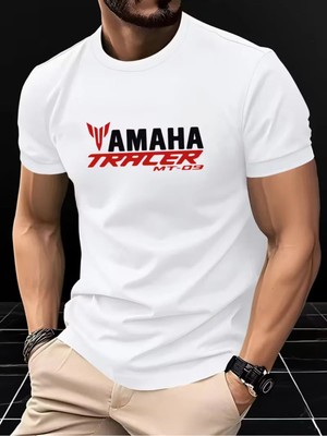 Unisex Oversize Baskılı Pamuklu Bisiklet Yaka Kısa Kollu Beyaz T-Shirt Yamaha Tracer mt 09