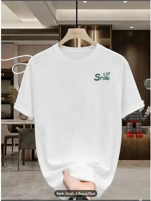 Unisex Oversize Baskılı Pamuklu Bisiklet Yaka Kısa Kollu Beyaz T-Shirt Smile