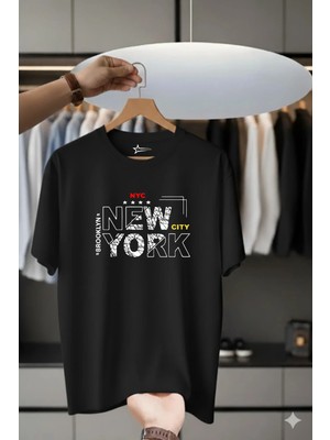 Unisex Oversize Baskılı Pamuklu Bisiklet Yaka Kısa Kollu Siyah T-Shirt New York City