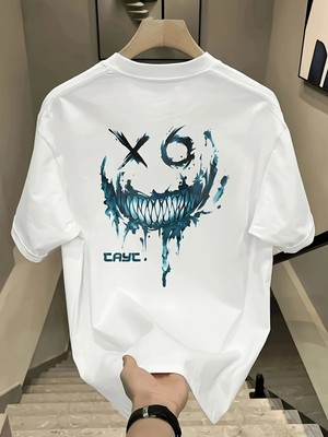 Unisex Oversize Baskılı Pamuklu Bisiklet Yaka Kısa Kollu Beyaz T-Shirt Cyac.