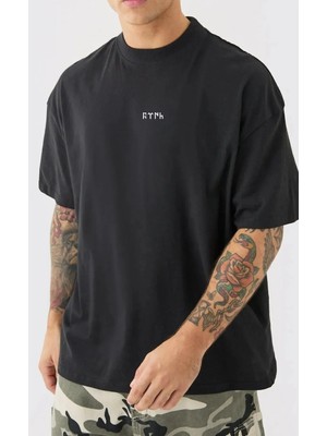 Unisex Oversize Baskılı Pamuklu Bisiklet Yaka Kısa Kollu Siyah T-Shirt Türkiye