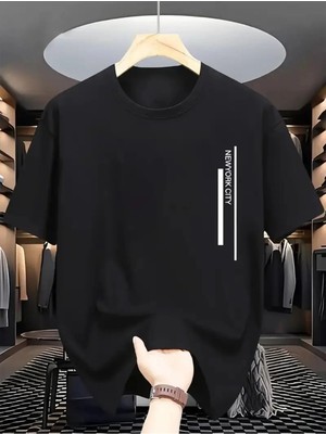 Unisex Oversize Baskılı Pamuklu Bisiklet Yaka Kısa Kollu Siyah T-Shirt New York City