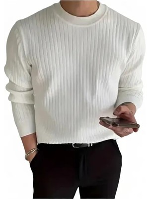 Tarz Cool Erkek Slim Fit Triko Kazak Beyaz Renk Bisiklet Yaka Uzun Kol Casual Stil