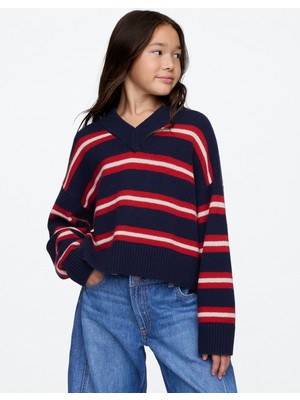 Gap Kız Çocuk Lacivert CashSoft Oversize V Yaka Kazak
